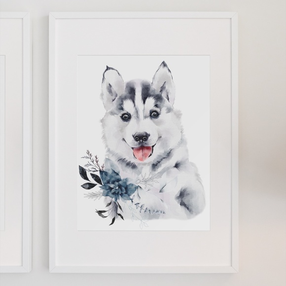Watercolor Wall Art Husky Puppy Portrait Print Unframed - Picture 8 of 8